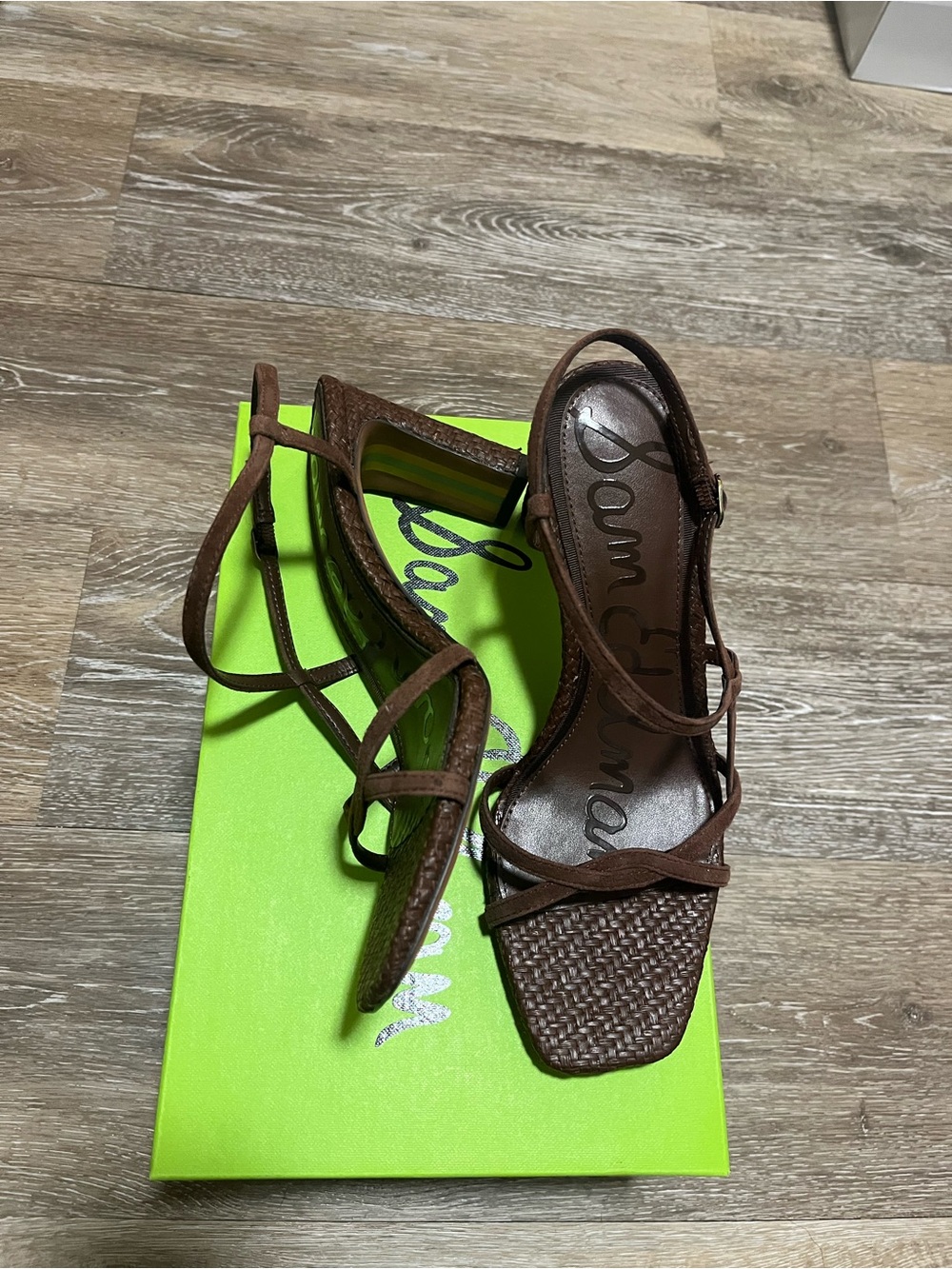 Sam Edelman Brown Leather Woven Strappy Thin Block Heel Sandals - Picture 2 of 4